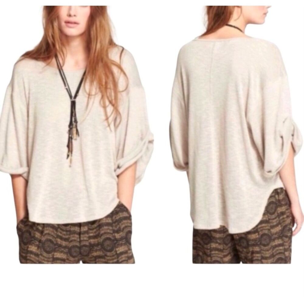 Free People Beach Nani Tan Heathered Slouchy Roll Sleeve Sweater Size M